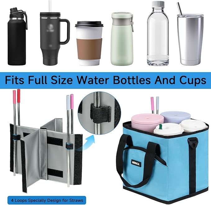 Reusable Drink Carrier with Handle – Insulated, Collapsible 4-Cup Beverage Bag with No-Spill Base, Adjustable Dividers & Shoulder Strap, Portable Caddy for Delivery, Car and Travel, Blue