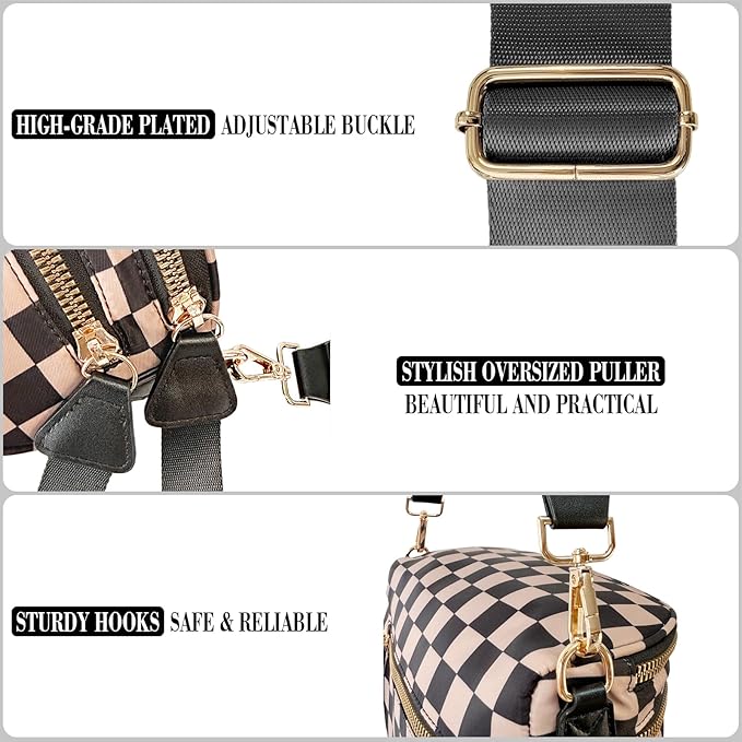 Checkered Crossbodys Bag Bum Bag for Women, Spacious Sling & Stylish Bum Bag for Travel, Concerts, Festival, Nylon Fanny Pack Belt Bag