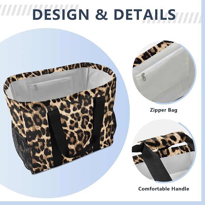 Bolaz Travel Tote Bag，Gym Bag for Men,Waterproof Beach Bag for Women Foldable Reusable-Brow-black Leopard Print