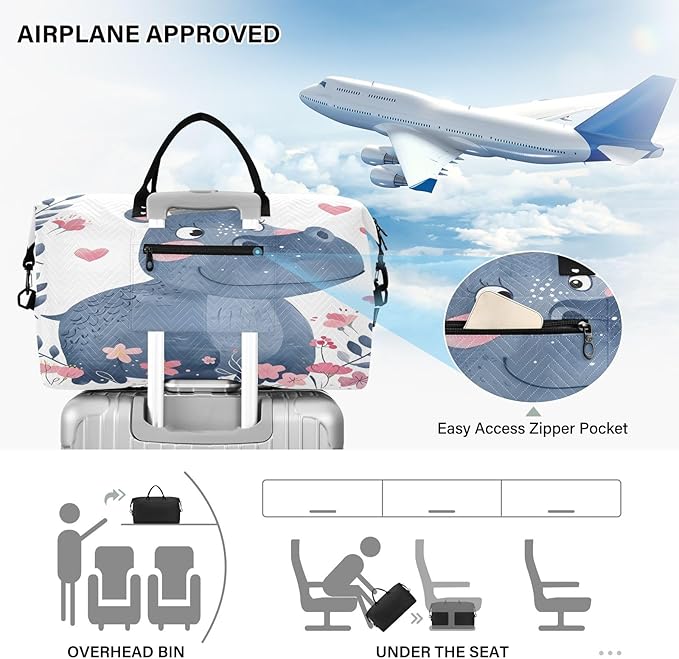 Travel Duffle Bag, Little Princess Hippo A Crown Gym Bag with Storage Bag Weekender Overnight Bag for Men Women Trip Sports Yoga