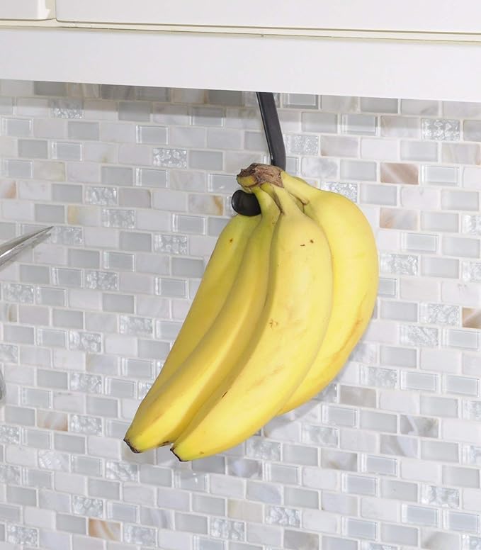 Gadjit Banana Hook Under Cabinet Hanger Ripens Bananas with Less Bruises, Folds up Out of Sight When Not in Use, Saves Countertop Space, Self-Adhesive + Pre-drilled Screw Holes (Black)