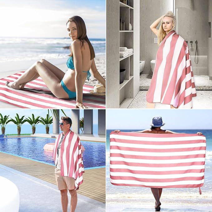 2-Pack Microfiber Beach Towels Set (63"x31.5" + 31.5"x16") | Oversized Quick Dry Sand Free Travel Towel for Beach Pool Gym Camping (Pink)