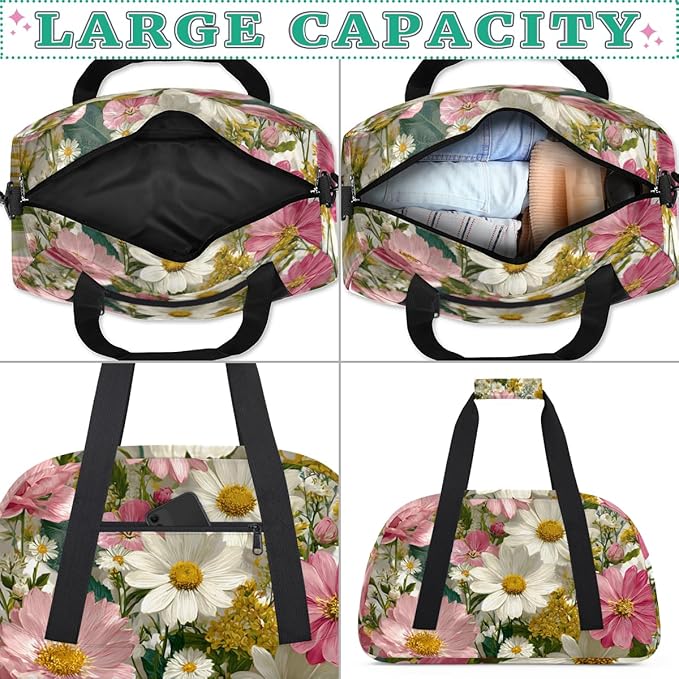Florals Flower Daisy Gym Travel Duffle Bag for Women & Men with Front Zipper Pocket for Sports, Overnight, Weekender, Carry On,Workout & Dance Bag,Daisy Yellow White,18.9 * 8.7 * 10.6 in