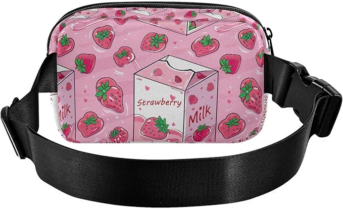 Kawaii Pink Strawberry Milk Fanny Pack for Women Men Water Resistant Fashion Waist Packs with Adjustable Strap Belt Bag for Travel Workout Jogging Hiking 21219124