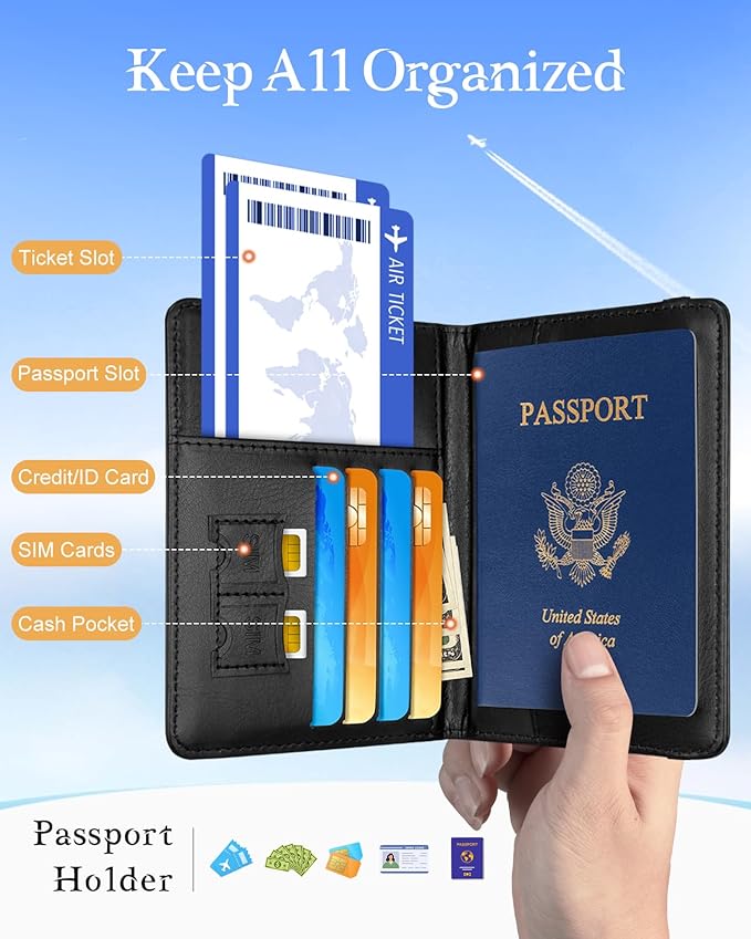 Slohif Initial Passport Holder Cover Wallet Case for Travel Women - Leather Letter Passport Book Family Multiple Personalized Organizer Card Slots Protector Sleeve Essentials Slim Carrier J Black