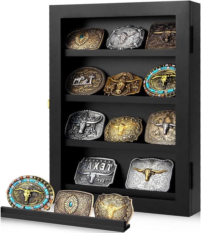 3" Belt Buckle Display Case 16×12 Black Shadow Box with Glass Door – Wall-Mounted Belt Buckle Holder & Display Frame for Collectibles – Home Décor Picture Frame (For belt buckles under 3" in height only)