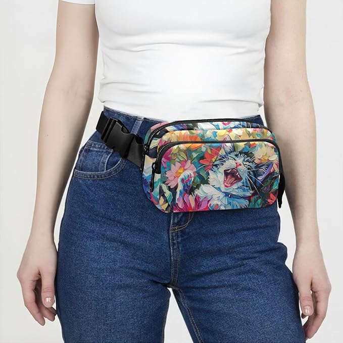 Cat Flower Oil Painting Fanny Pack for Women Men Water Resistant Fashion Waist Packs with Adjustable Strap Belt Bag for Travel Workout Jogging Hiking 21220496