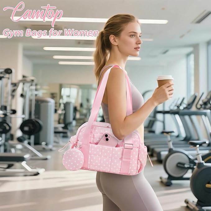 CAMTOP Mini Gym Bag for Women, Small Gym Tote Bag Puffy Quilted Sports Duffel Bag with Wet Compartment and Coin Purse Duffel Bags Dance Yoga Workout Bag for Gifts (Polka Dot Pink, Mini-12.6")