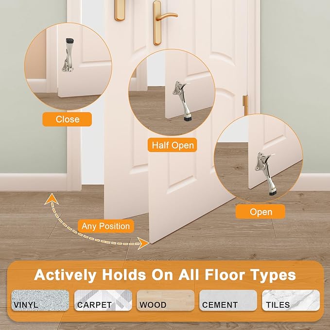 Kickdown Door Stopper 4 Inches - 2 Packs One Touch Adjustable Height Door Stop for The Bottom of Door Aluminum Alloy Metal Door Stopper with Rubber Tip & Wall Protectors for Wide Doors Satin Nickel