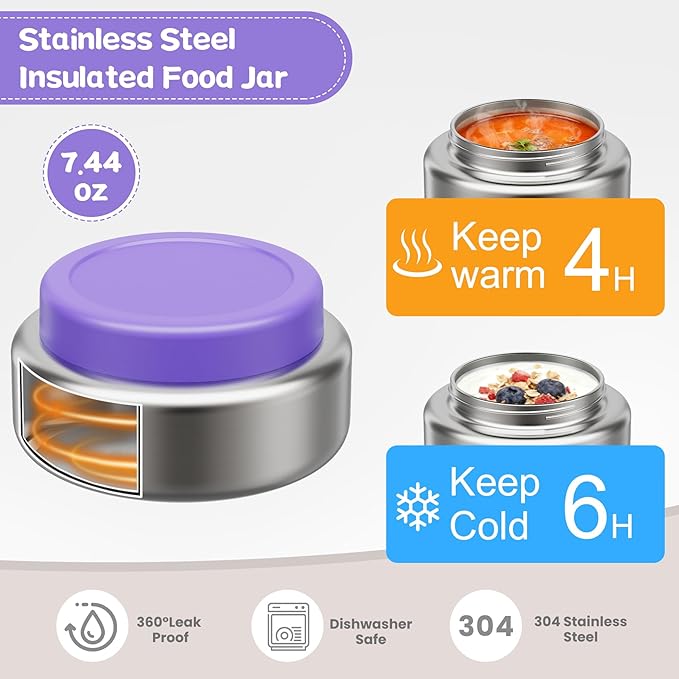 Stainless Steel Bento Box Kids Adult with 7oz Insulated Food Jar, Transparent Lid Metal Lunch Box With Soup Thermal Jar, Lunch Box Container with Removable Divider & Sauce Cup School (Purple)