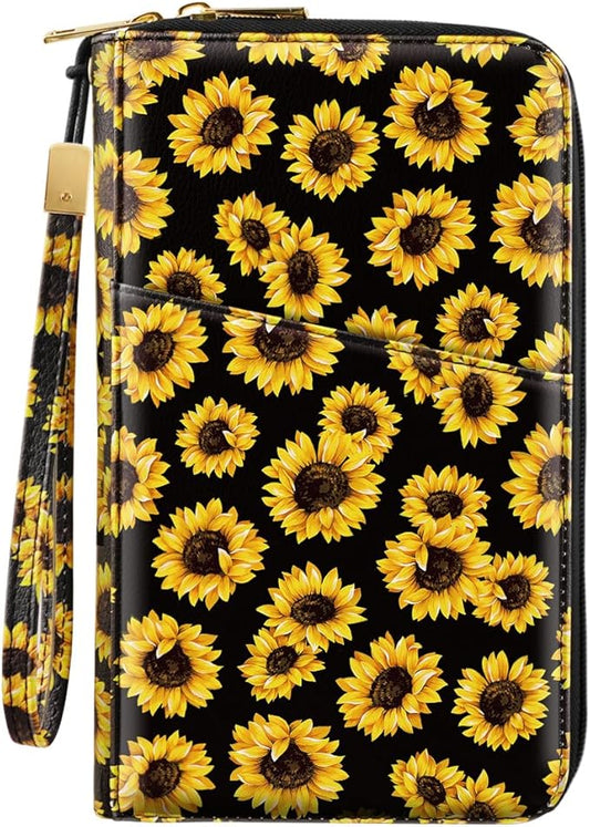 Family Passport Holder Wallet RFID Blocking Document Organizer PU Leather Mulit-purpose Travel Wallet Credit Cards Case for Women Men,Sunflowers