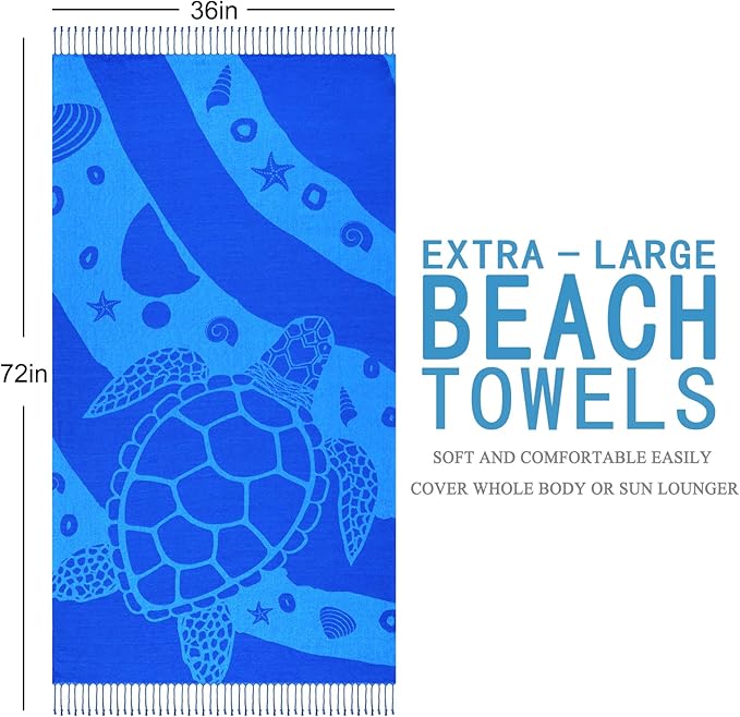 Genovega Oversized Turkish Beach Towel 72"x36" for Adult, Lightweight Quick Dry Bath Pool Swim Blanket, Sand Free with Compact Travel Essentials, Blue Turtle Vacation Cruise Must Haves Clearance