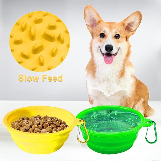 Small Collapsible Dog Bowls (12oz), 2 Pack 2 Colors Pet Travel Foldable Bowl and Slow Feeding Frisbee with Carabiners, Healthy, Soft Silicone, Portable Essential Set for Walking, Travel, and Hiking