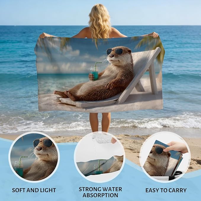 SARA NELL Otter Beach Towel, Cute Otter with Sunglasses and Drink Print, Summer Pool Beach Towel for Vacation, Soft Quick Dry Lightweight, 32"x52"