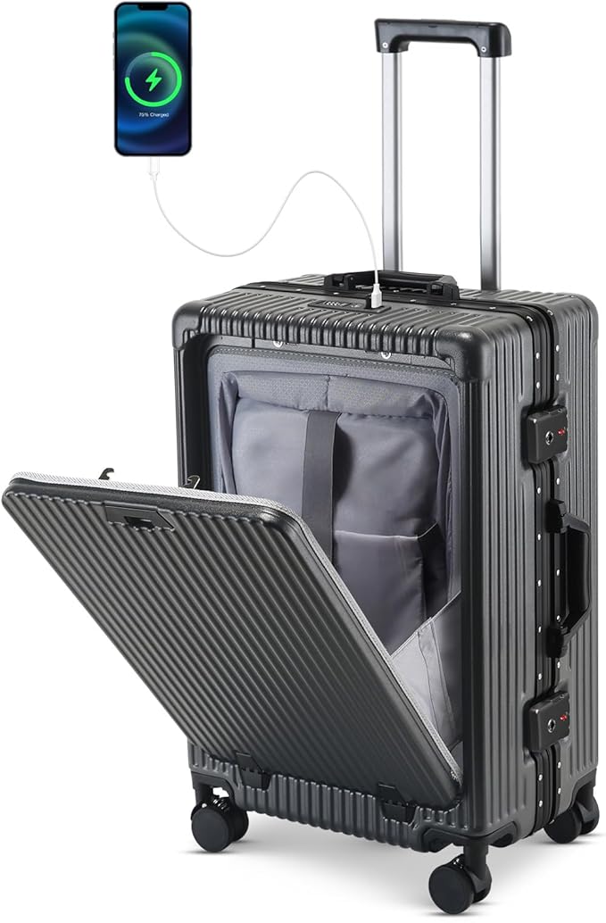20 Inch Aluminum Frame Carry On Luggage with Front Pocket, USB Port, Phone Holder & Cup Holder, Hard Shell Spinner Suitcase for Airplane Travel, Grey