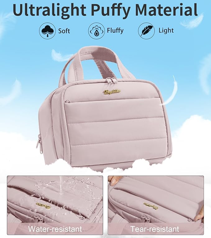 Travel Toiletry Bag for Women, Lightweight Large Quilted Puffy Makeup Bag Wide-open Make up Organizer Cloud Cosmetic Bag w/Handle for Traveling Toiletries Essentials Accessories Light Pink