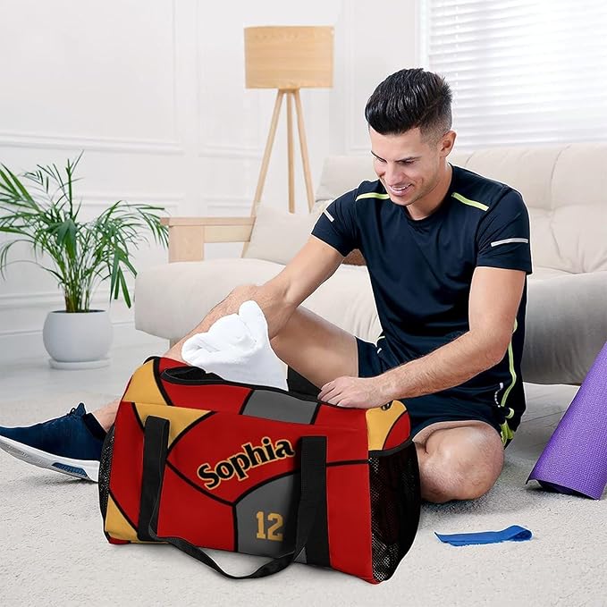 Custom Volleyball Gold Red Duffel Bag with Name Personalized Travel Bags Sport Gym Bag Carry On Weekender Bags for Men Women