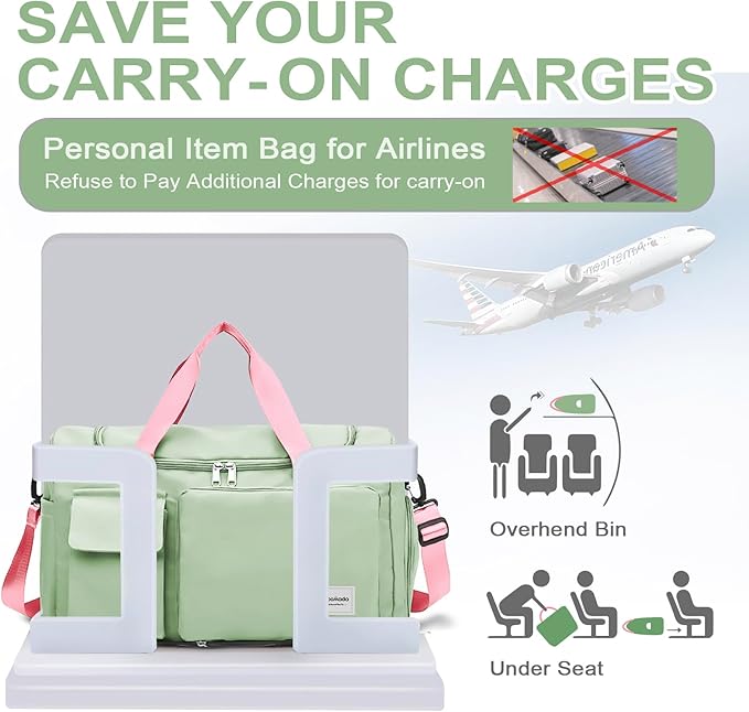 WOOMADA Foldable Travel Duffel Bag for Women, Weekender Bags with Shoes Compartment,Overnight Bag with Wet Pocket & Trolley Sleeve(Green&Pink)