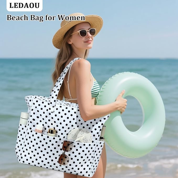 LEDAOU Large Beach Bag Women Waterproof Sandproof Zipper Beach Tote Pool Bag for Swim Gym Grocery Travel with Wet Pocket | Waterproof, Sandproof, Zipper, Pool, Gym, Grocery