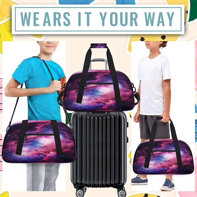 Pink Purple Nebula Print Sports Duffel Bags, Water-Resistant Gym Duffle Bag for Men Women, Lightweight Weekender Overnight Bag for Fitness, Workout, Travel