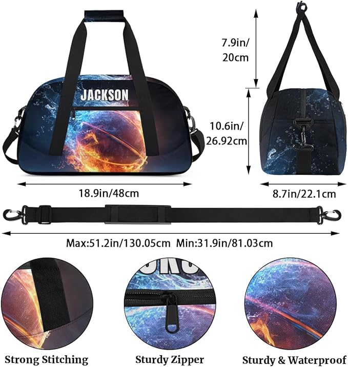 Custom Flame Basketball Gym Duffel for Kids Boys,Personalized Duffel Bag Overnight Bags for Travel Weekender Practice Sports