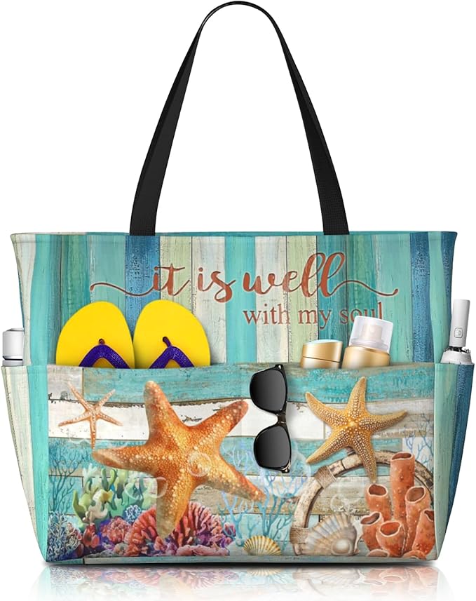 Beach Bag Tote Bags Waterproof Sandproof for Women Large Beach Tote Bag Foldable with Pockets for Weekend Vacation
