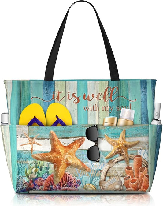 Beach Bag Tote Bags Waterproof Sandproof for Women Large Beach Tote Bag Foldable with Pockets for Weekend Vacation