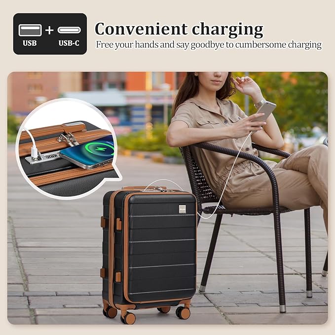 imiomo Carry on Luggage Airline Approved with Front Pocket and USB Port, Hard Shell 20 Inch Travel Carry-on Suitcase with Spinner Wheels and TSA Lock, Black