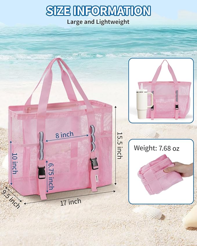 WANDF Mesh Beach Bag for Women, Large Beach Tote Bags with 40oz Tumbler Side Pockets, Family Pool Bag for Swim Toys Towels Cruise Vacation Essentials (Pink) | Breathable