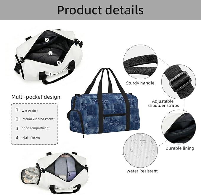 Denim Material Women'S Gym Duffle Bag With Shoes Compartment, Ideal For Travel, Gym, Sports, Duffel, Weekender