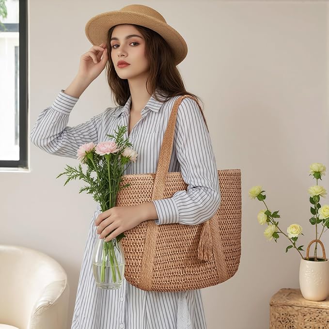 Pleneal Straw Beach Bags for Women - Women Beach Handmade Woven Tote Bag, Summer Mesh Hollow Shoulder Bag for Holiday