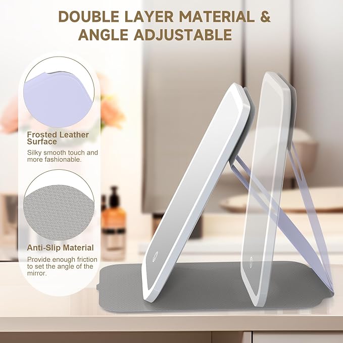 Mocado Travel Makeup Mirro with Lights, 360° Rotation Lighted Makeup Mirror, Portable Mirror with 10x Magnification, 60LEDs 3 Color Lightings, Dimmable Touch Screen, Tabletop Light up(Purple)
