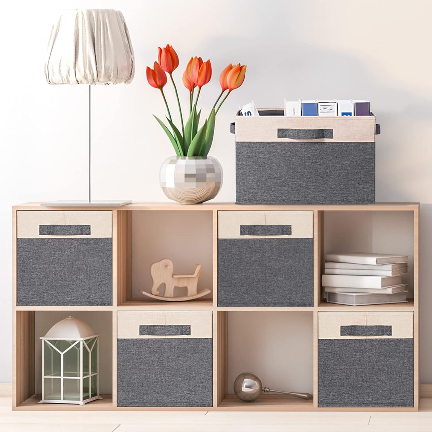 GhvyenntteS Large Fabric Storage Bins for Shelves with 3 Handles, 15x11x9.6 Inch Closet Storage Bins, Sturdy Foldable Storage Baskets for Shelves Closet Bedroom Living Room Office (Beige, Set of 3)