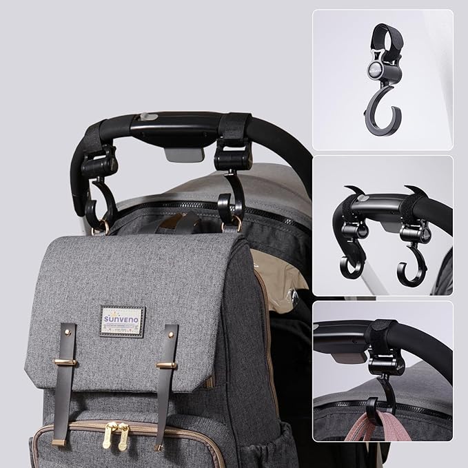 SUNVENO Stroller Hooks for Diaper Bag 4 Pack, Baby Travel Essential Heavy Duty 360° Rotating Clips, Universal Stroller Accessories for Wagons, Strollers, Carts and Bikes, Holds 10 lbs Each
