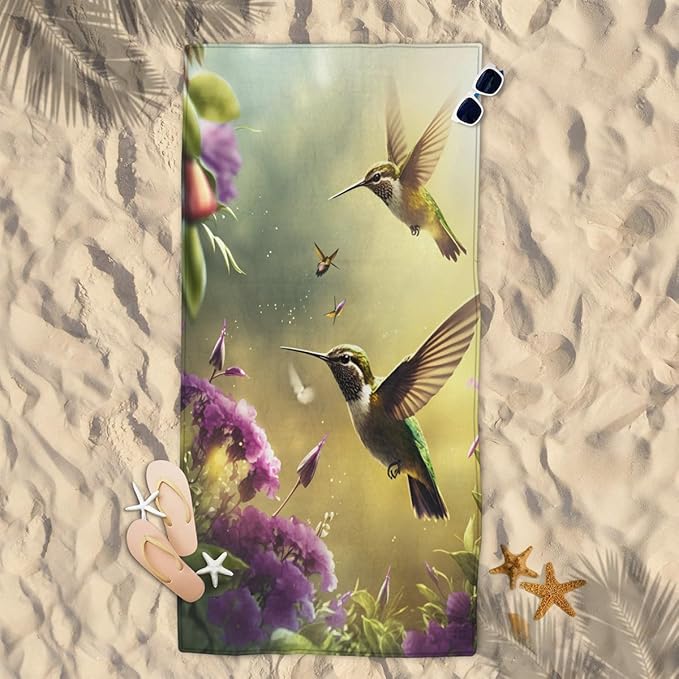 Hummingbird Flower Beach Towel, Large Microfiber Quick Dry Lightweight Pool Bath Towels Sand Free Beach Blanket for Summer Cruise Yoga Camping Travel Vacation Essentials 31 x 61 in