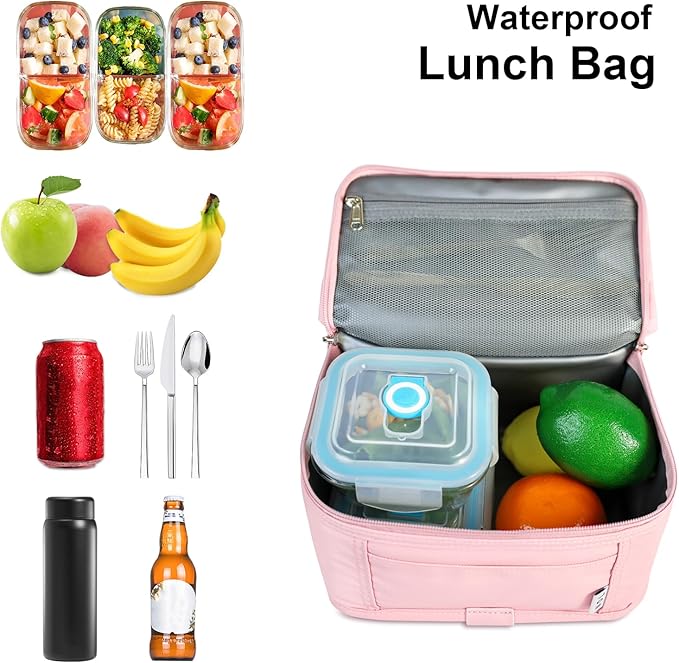 NOL Natural Organic Lifestyle Small Lunch Bag Mini Lunch Box Insulated Lunch Bag for Men/Women Leakproof Cooler Tote Bag Lightweight Nylon Waterproof Lunch Box For Work, Pink