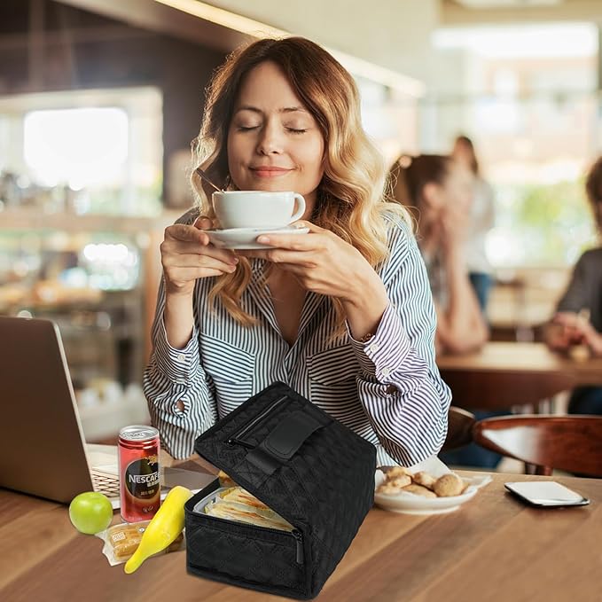 Aosbos Small Insulated Lunch Bag - Compact Lunch Box for Portion Control, Work & Office, Black Quilted