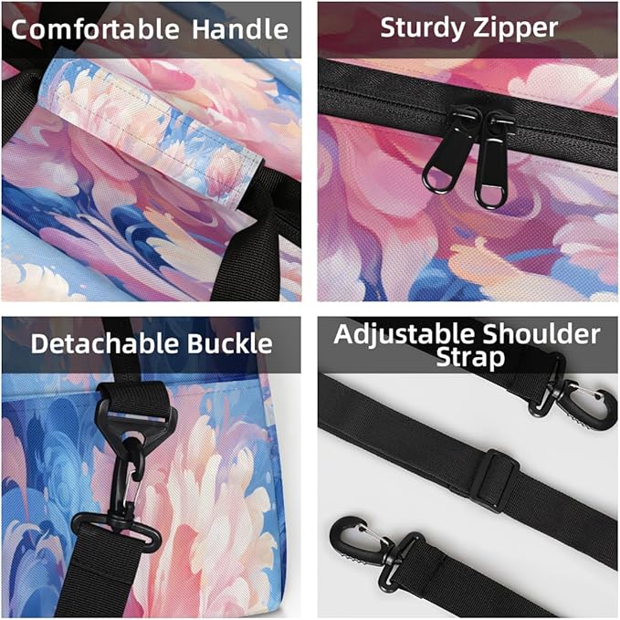 Sports Duffel Bags, Pink Peony Blue Water-Resistant Gym Duffle Bag for Men Women, Lightweight Weekender Overnight Bag for Fitness, Workout, Travel