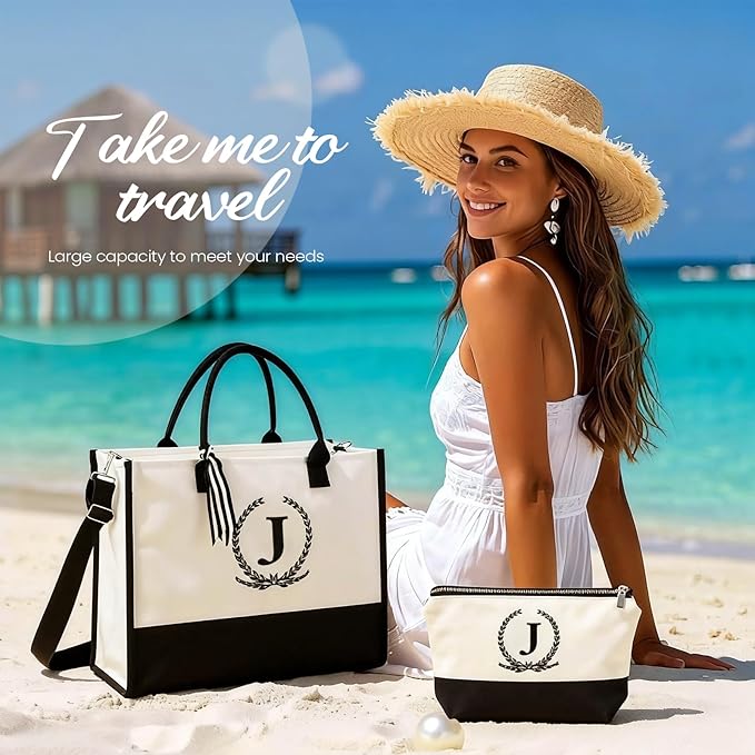 Personalized Canvas Tote Bag for Women Makeup Pouch Initial Beach Bag Removable Bottom Board for Travel Birthday
