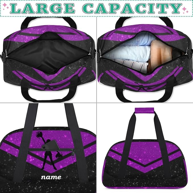 Custom Name Purple Black Cheerleading Squad Gym Travel Duffle Bag with Front Zipper Pocket Personalizedfor Sports Bag for Overnight, Weekender, Carry On,Workout & Dance, 18.9 * 8.7 * 10.6 in