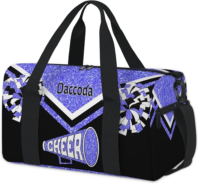 Personalized Ballet Dance Bag, Cheerleading Sport Duffel Tote, Light Blue Glitter Black Cheer Team Customized Travel Duffle Tote with Name Overnight Weekender Perform Cheer Bag