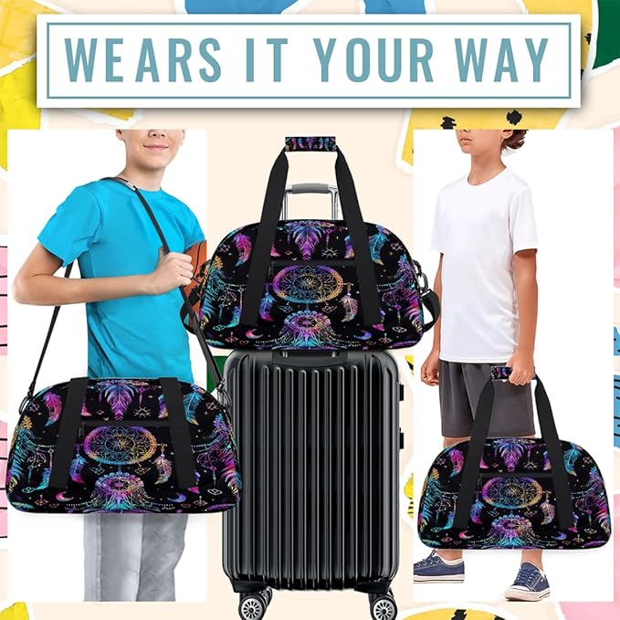Travel Duffle Bag, Rainbow Dreamcatcher Feather Waterproof Weekender Overnight Bags for Women Men Lightweight Carry on Duffle Gym Bag for Travel, Sports, Fitness, Workout