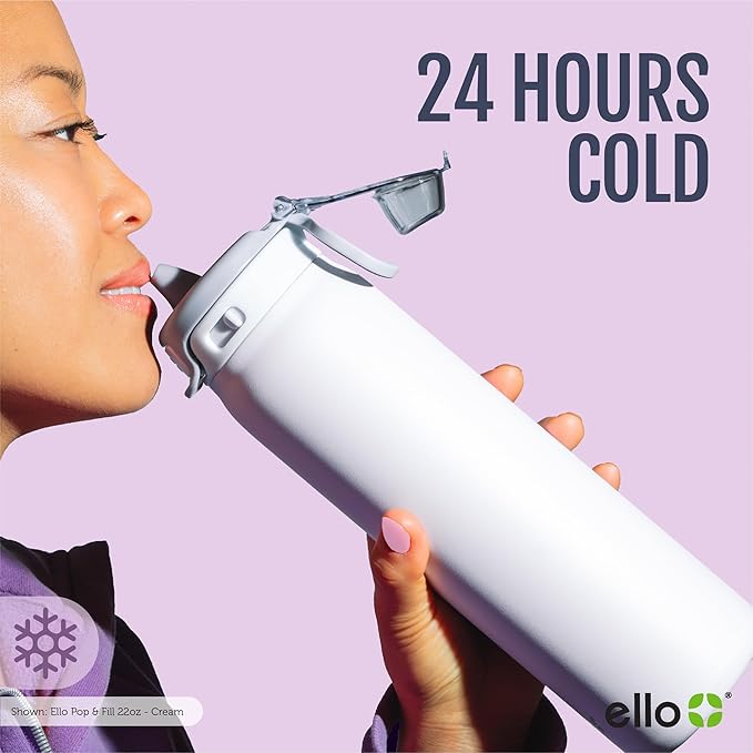 Ello Pop & Fill 32oz Stainless Steel Water Bottle with Quick Fill Technology, Double Walled and Vacuum Insulated Metal, Leak Proof Locking Lid, Sip and Chug, Reusable, BPA Free, Cherry Breeze