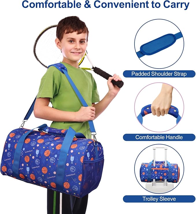 Bagseri Boys Duffle Bag for Travel - Kids Gym & Sports Bag with Shoe Compartment & Water Resistant Wet Pocket, Weekender for Camping & Sleepover (Blue Basketball)