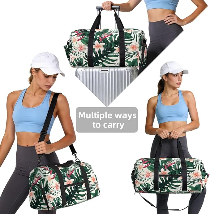 Sports Gym Bag Tropical Leaves Flowers Spring Travel Duffel Bag With Shoe Compartment Shoulder Strap, Lightweight Water-Resistant Weekend Overnight Totes For Women Men