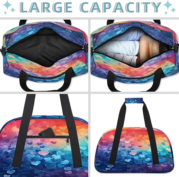 Duffle Bag for Women Men, Rainbow Gradient Hearts Gym Bag for Travel Sports, Lightweight Waterproof Weekender Overnight Bags with Adjustable Strap