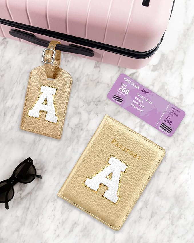 Slohif Passport Holder Initial Lugguage Tag Set Suitcase Cover Wallet Case for Travel Women - Leather Letter Passport Book Personalized Organizer Card Protector Sleeve Essentials Slim Carrier Gold A