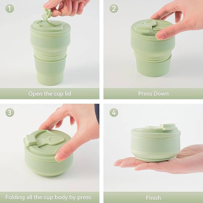 2Pcs Collapsible Cup for Traveling, Collapsible Silicone Travel Cup for Hot and 2 Drinks, Leak Proof Silicone Folding Travel Coffee Mug for Camping & Hiking, BPA Free 12oz Green