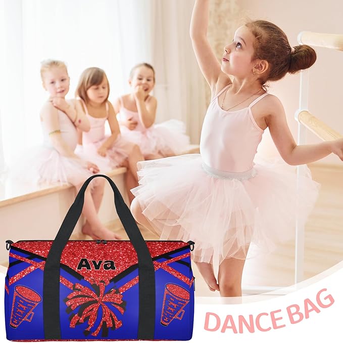Personalized Teens Sport Duffle Gymnastics Bag, Custom Name Cheerleaders Carry On Weekender Bag for Women Travel Business Trip, Red Sequins Glitter Black Royal Blue