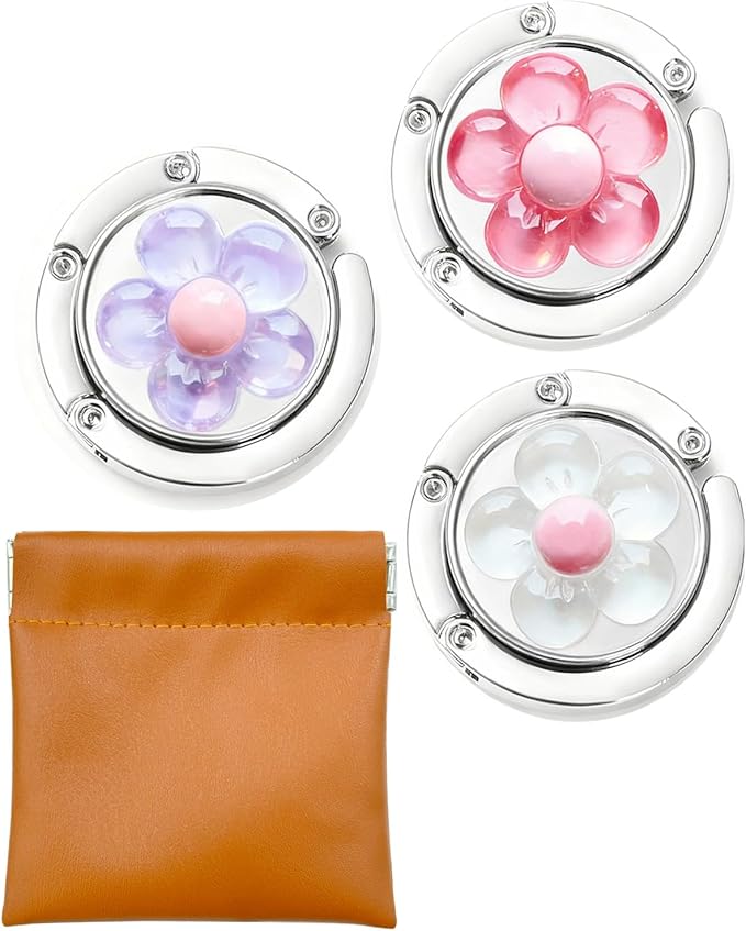 3 Pack Cute Flower Foldable Handbag Hanger Holder, Folding Hooks for Womens Bag Purse Table Hook